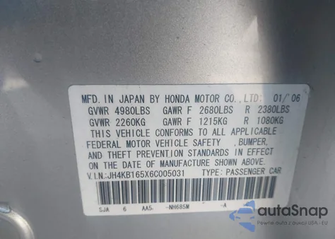 2006 Acura Rl 3.5 z USA, uszkodzony, nr VIN JH4KB165X6C005031